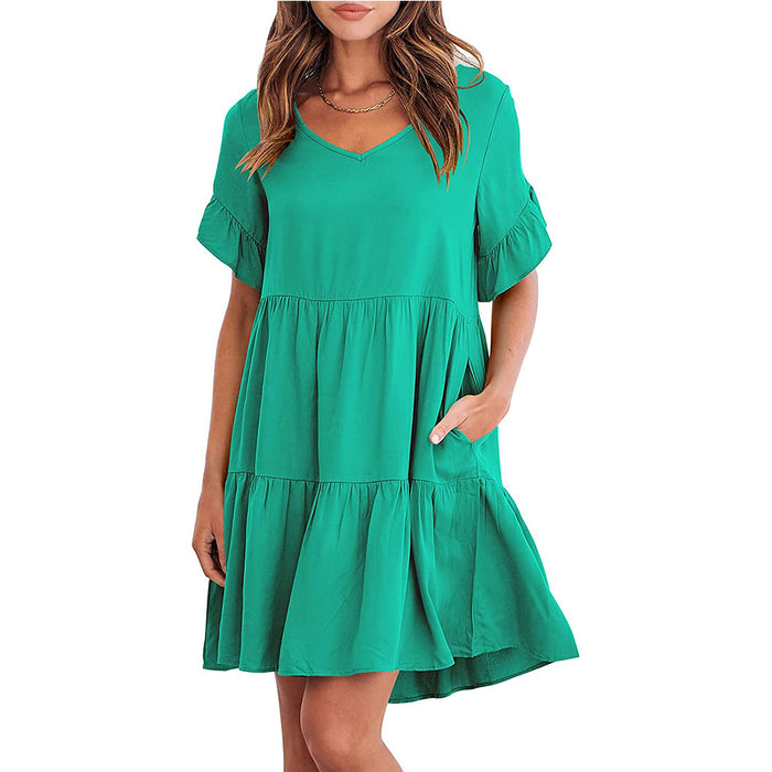 Color-Emerald Green-Women Summer Casual V Neck Little Girl Clothes Three Layer Pleated Dress-Fancey Boutique