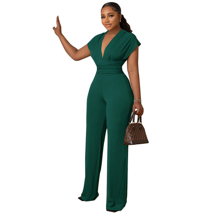 Color-blackish green-Low Cut Solid Color Waist Tight Women Jumpsuit-Fancey Boutique
