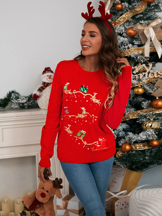 Color-Red Carriage Christmas Sweater-Christmas Knitwear Women Autumn Winter Deer Embroidered Cute Christmas Knitted Sweater-Fancey Boutique