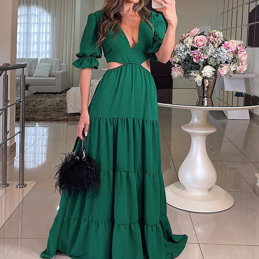 Autumn Winter Dress Special V neck Party Mid Length Dress-Green-Fancey Boutique