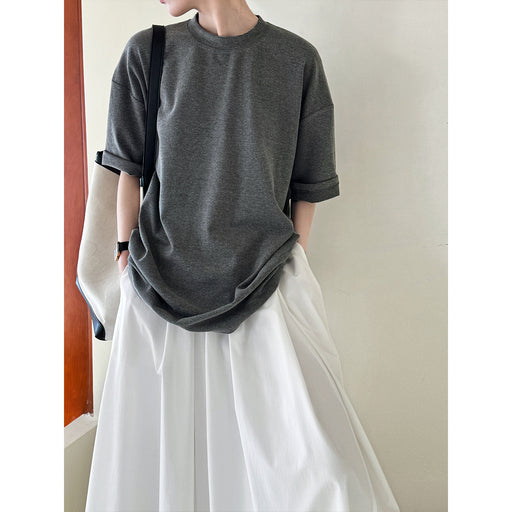 Korean Brushed Half Sleeve T shirt Women Drop Shoulder Large Minimalist Bottoming Shirt Short Sleeve Top-Fancey Boutique