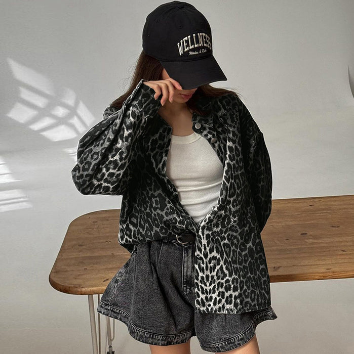 Autumn Coarse Drill Cotton Collared Long Sleeve Street Leopard Print Casual Coat Fashionable Women Clothing-Fancey Boutique