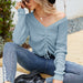 Color-Blue-Top Drawstring Irregular Asymmetric Solid Color Sweater Sexy V neck Long Sleeve Sweater-Fancey Boutique