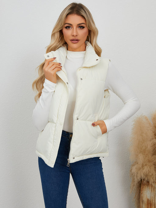 Women Clothing Autumn Winter Short Quilted Stand Collar Vest Coat Thick Waistcoat Vest Cotton-White-Fancey Boutique