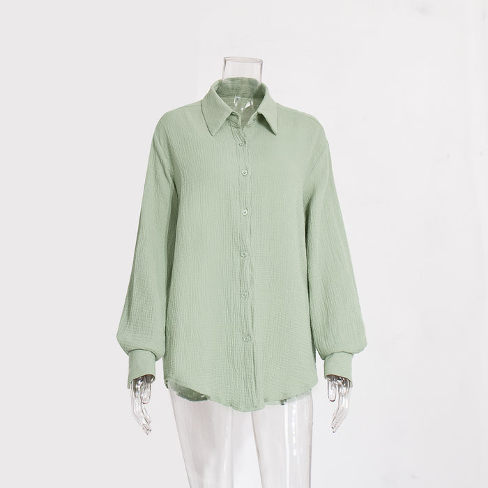 Pure Cotton Crepe Shirt Comfort Loose Elegant Polo Shirt in Spring-Mint-Fancey Boutique