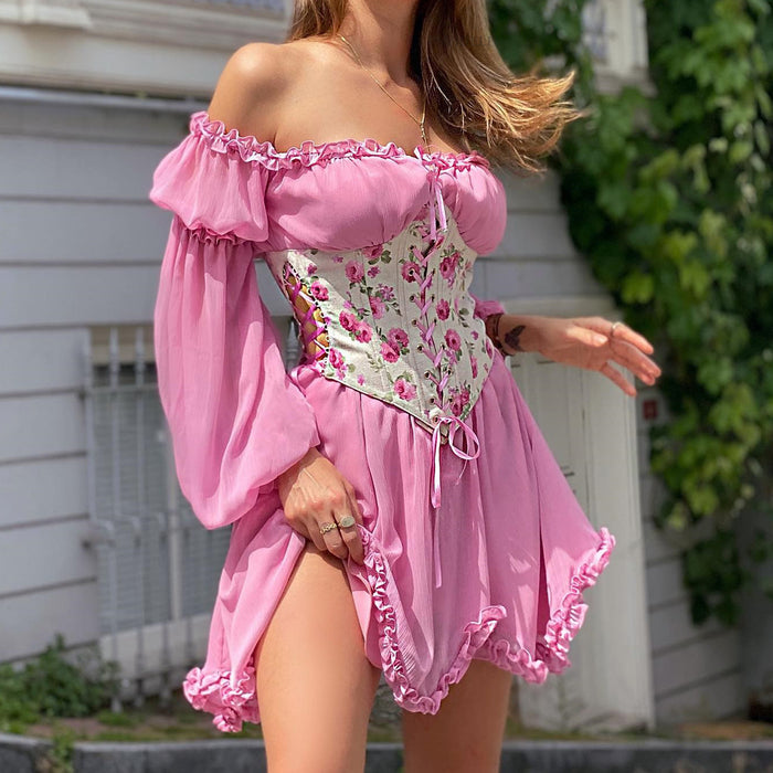 Sweet Lace Waist Dress Sexy Gentle off Neck Drawstring Irregular Asymmetric Dress-Pure Toner-Fancey Boutique