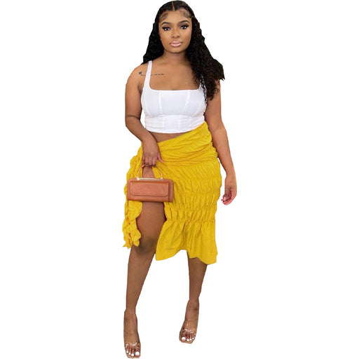 Color-Yellow-Women Clothing Sexy Solid Color Fold Split Skirt-Fancey Boutique