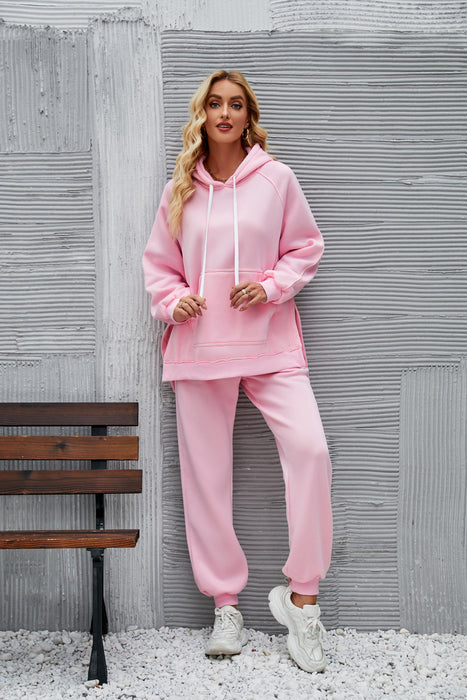 Color-Pink-Arrival Casual Loose Fitting Hoodie Top Ankle Tied Trousers Sweater Suit for Women-Fancey Boutique