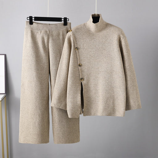 Color-Khaki-Niche Stand Collar Slit Knitted Turtleneck Sweater Women Winter Warm Anti-Aging Casual Wide Leg Pants Two Piece Set-Fancey Boutique