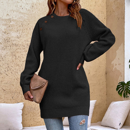 Color-Black-Solid Color Buttons Knitted Dress Women Autumn Winter Lantern Sleeve Sweater Women-Fancey Boutique