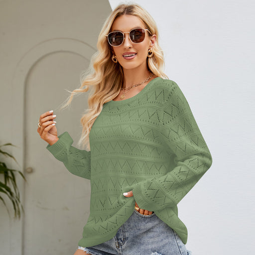 Color-Green-Hollow Out Cutout Sweater Women Autumn Winter Loose Round Neck Sweater Bottoming Shirt Underwear Long Sleeved Top-Fancey Boutique