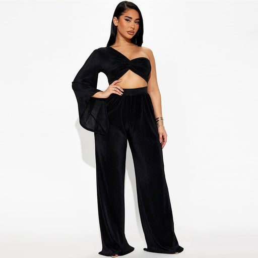 Color-Black-Autumn Sexy Shoulder Long Sleeve Top Trousers Two Piece Set-Fancey Boutique