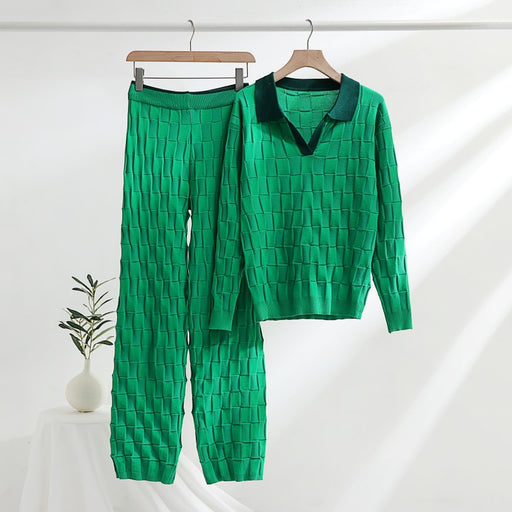 Color-Green-Fashionable Knitted Woven Suit Spring Autumn Korean Half Open Collar Pullover Top Trousers Women Two Piece Suit-Fancey Boutique