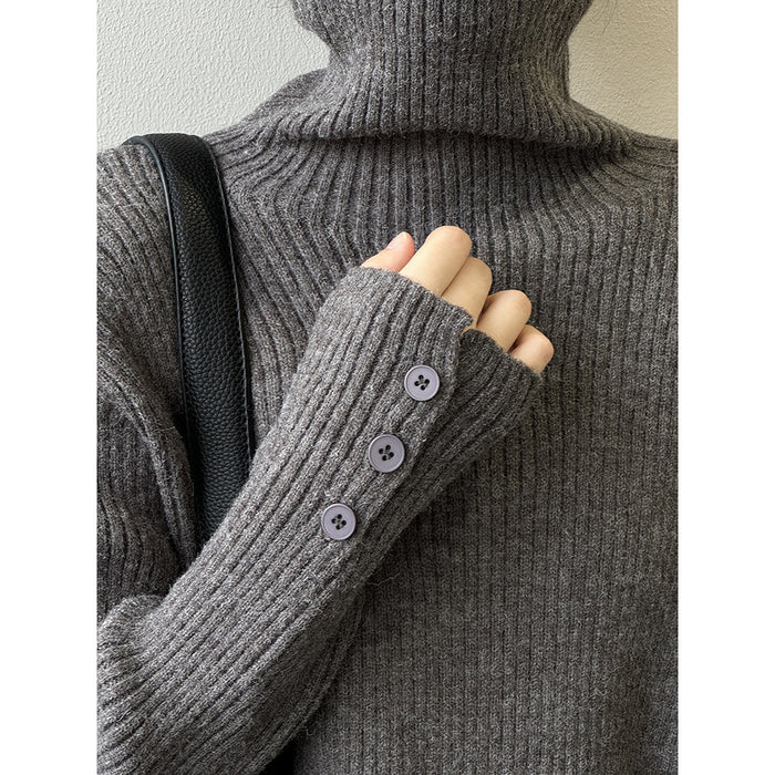 Soft Glutinous Turtleneck Sweater Women Winter Button Slim Knit Bottoming Shirt-Dark Grey-Fancey Boutique