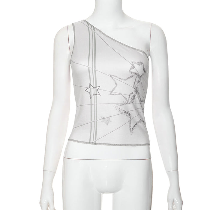 Color-Gray-Star Geometric Abstract Print Pattern Gray Oblique Shoulder Short Sleeveless Top Women-Fancey Boutique