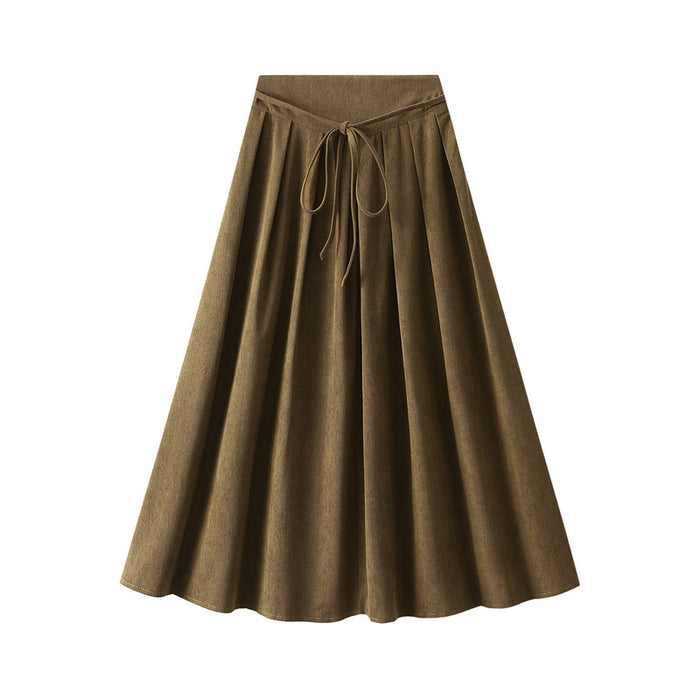 Color-Khaki-Korean Pleated Skirt Women Autumn High Waist Midi Skirt Small Drape Covering Large Swing Skirt-Fancey Boutique