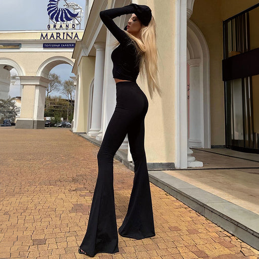 Color-Black-Women Clothing Autumn Solid Color Casual round Neck Flared Long Sleeve Top Slim Fit Trousers Set-Fancey Boutique