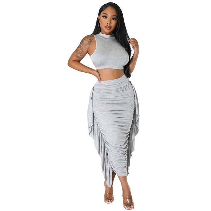 Color-Flower Gray-Summer Women Clothing Sexy Tight Tassel Sleeveless Two Piece sets Skirt Set-Fancey Boutique