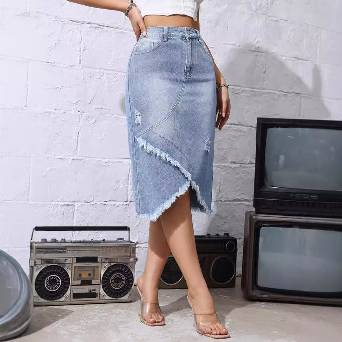 Denim Skirt Women Mid Length Raw Hem Ripped Split Skirt High Waist Slimming Hip Skirt-Fancey Boutique