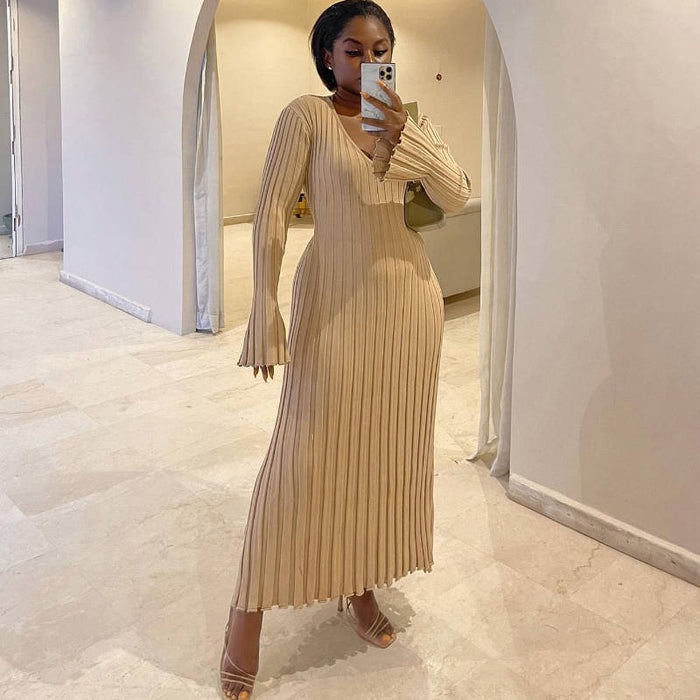 Color-Apricot-Autumn Winter Knitted Dress Casual Waist Tight V Neck Big Pit Stripe Slimming Knitted Maxi Dress Women-Fancey Boutique