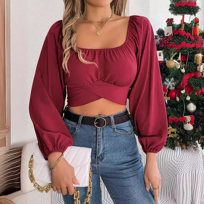 Color-Spring Summer Casual Lantern Sleeve Lace up Waist Chiffon Shirt Cropped Top Women Clothing-Fancey Boutique