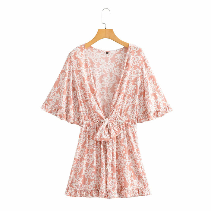 Color-Pink-Autumn Seaside Holiday Floral Print Batwing Sleeve V neck Lace up Three Color Romper-Fancey Boutique
