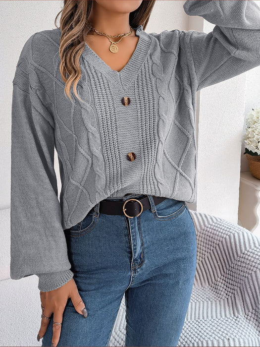 Color-Gray-Autumn Winter Solid Color V neck Buttons Twist Lantern Sleeve Pullover Sweater Women Clothing-Fancey Boutique