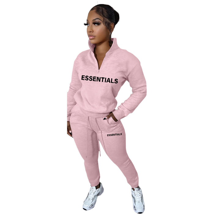 Color-Pink-Urban Autumn Winter Printed Alphabet plus Velvet Pullover Zipper Casual Sports Suit-Fancey Boutique