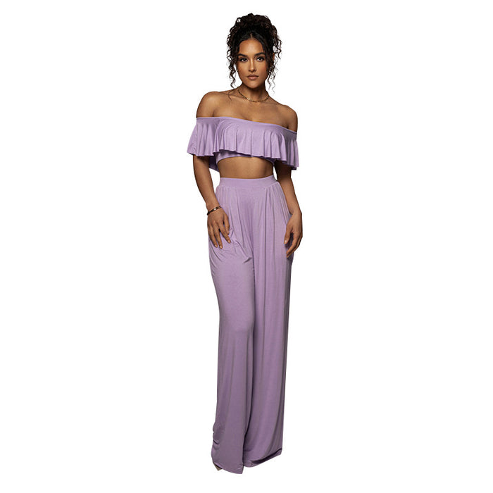 Color-Purple-Sexy off-Neck Lotus Leaf Tube Top Cropped Top Women Clothing Casual Wide Leg Pants Suit-Fancey Boutique