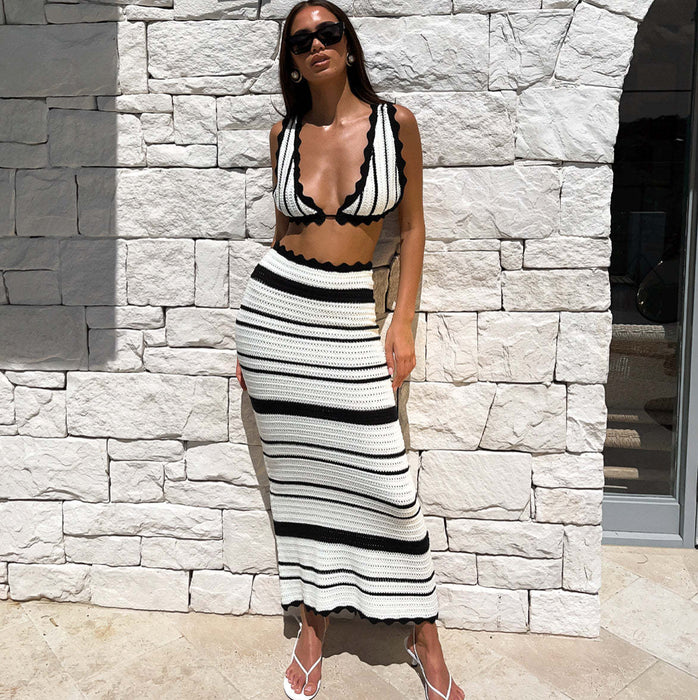Color-Striped Bikini Casual Vest Sling Top Suit Beach Bohemian Contrast Color Long Half-Fancey Boutique