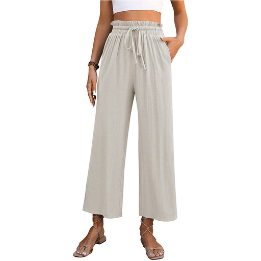 Color-Ivory-Women Clothing Spring Summer Casual Solid Color Loose Cotton Linen High Waist Wide Leg Trousers Women-Fancey Boutique