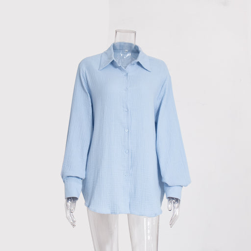 Pure Cotton Crepe Shirt Comfort Loose Elegant Polo Shirt in Spring-Blue-Fancey Boutique