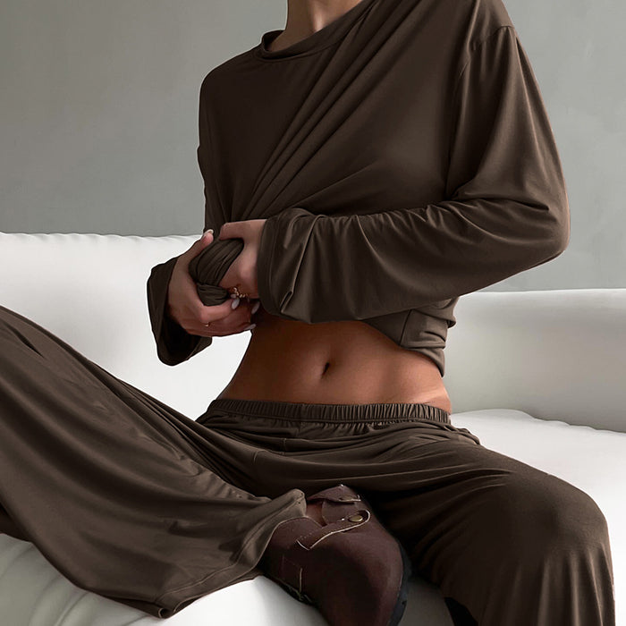 Autumn Knitted round Neck Loose Casual Soft Breathable Pajamas Suit Long Sleeve Trousers Women Homewear-Brown-Fancey Boutique