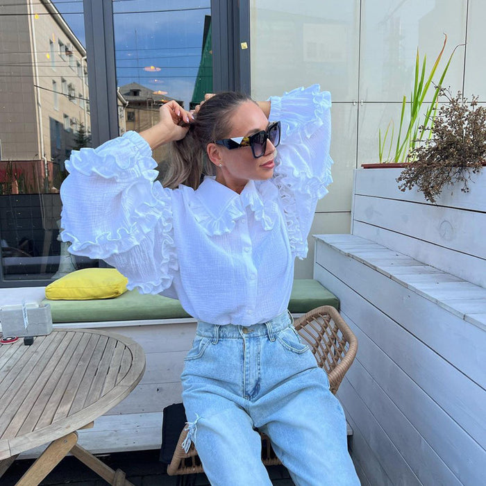 Women Clothing Early Spring Court Lantern Sleeve Women Shirt Casual Doll Collar Cotton White Shirt-Fancey Boutique