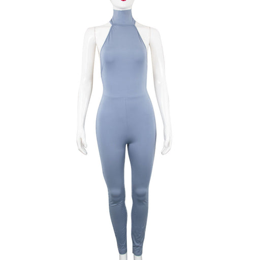 Color-Pale blue-Women Clothing Autumn Sexy Solid Color Collar Bellyband Open Chest Slim Hip One Piece Trousers-Fancey Boutique