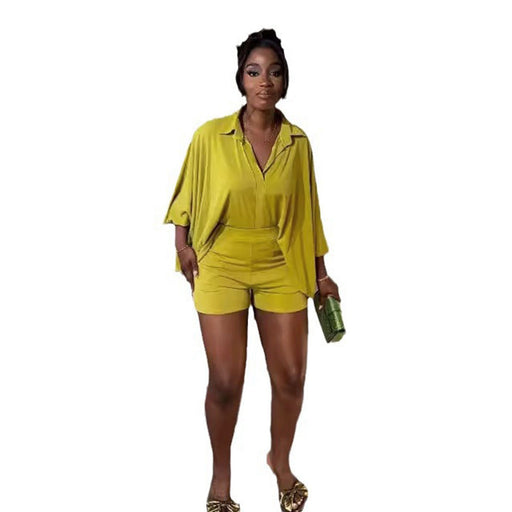 Women Sexy Solid Color Batwing Sleeve Shirt Loose Two Piece Set-Yellow-Fancey Boutique