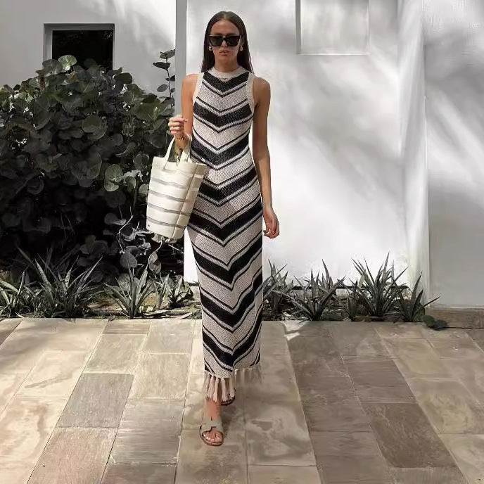 Sexy Tight Striped Tassel Knitted Dress Women Sleeveless Summer Midi Dress-Fancey Boutique