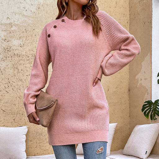 Color-Pink-Solid Color Buttons Knitted Dress Women Autumn Winter Lantern Sleeve Sweater Women-Fancey Boutique