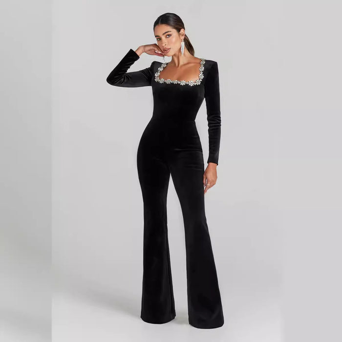 Arrival Sexy with Diamond Hollow Out Cutout High Waist Slim Solid Color Jumpsuit-Fancey Boutique