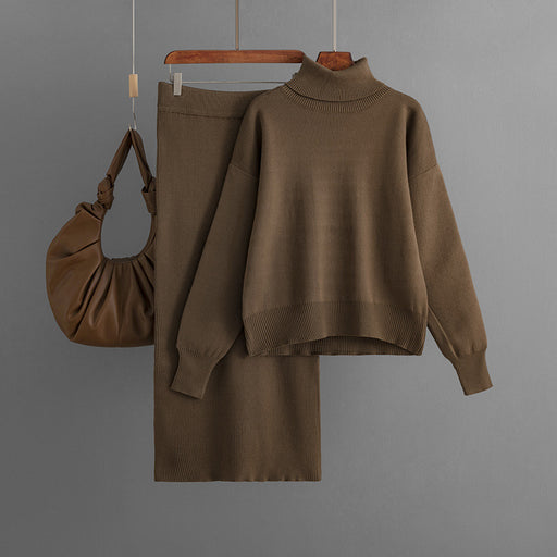 Color-Coffee-Knitting Suit Women Autumn Winter Solid Color Turtleneck Sweater Sheath Skirt Two Piece Set-Fancey Boutique