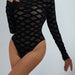 Color-Black-Sexy Night Club Flocking Mesh Design See Through Waist Slimming Long Sleeved Round Neck Jumpsuit-Fancey Boutique