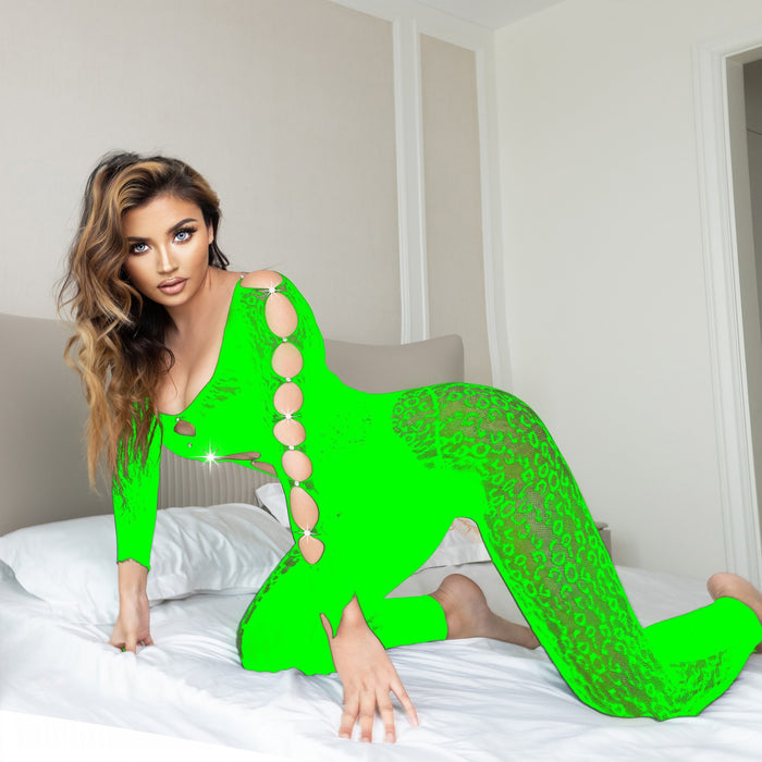 Color-fluorescent green-Sexy One Piece Rhinestone Leopard Print Fishnet Clothes Sexy Highlight Figure Long Sleeve Romper-Fancey Boutique