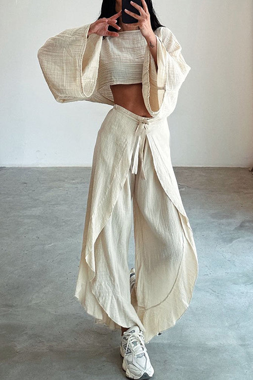 Cotton Linen Loose Top Trousers Two Piece Suit Women-Ivory-Fancey Boutique
