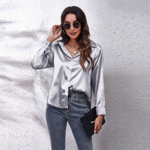 Color-Gray-Popular Satin Shirt Women Artificial Silk Long Sleeve Shirt Autumn Women Clothing-Fancey Boutique