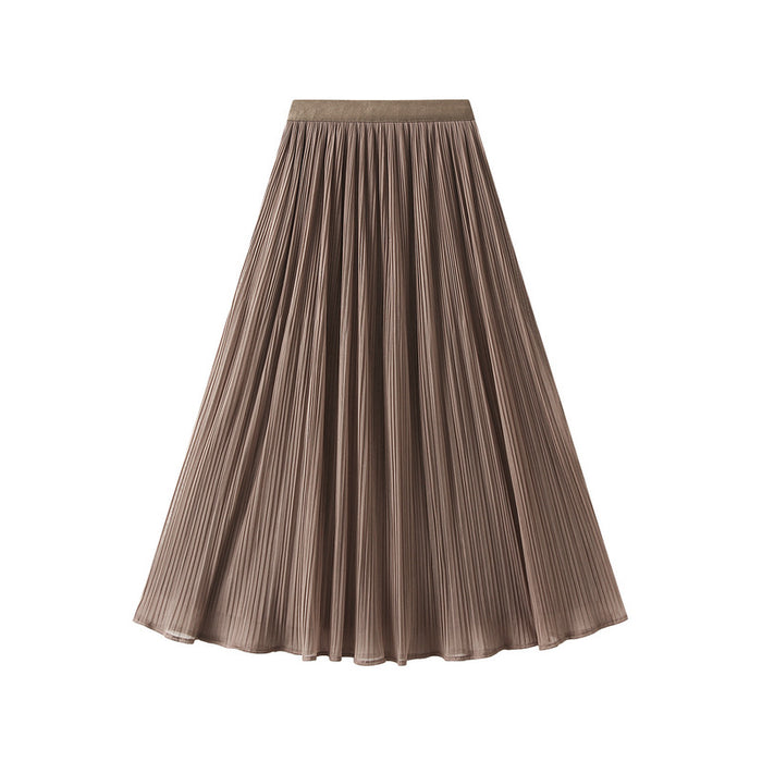 Color-Khaki-Women Two Sided Skirt Spring Korean High Waist Slimming Mid Length Mesh Pleated Skirt 3-Fancey Boutique