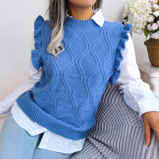 Color-Blue-Autumn Winter Wooden Ear Diamond Knitted Vest Sweater Women Clothing-Fancey Boutique