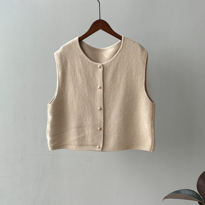 Gentle Single Breasted round Neck Knitted Vest Women Winter Loose Waistcoat Top-Apricot-Fancey Boutique