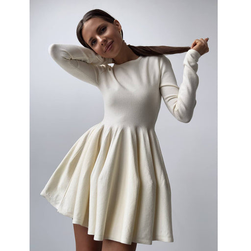 Round Neck Waist Trimming Knitted Dress Women All Match Advanced Pleated Woolen-Ivory-Fancey Boutique