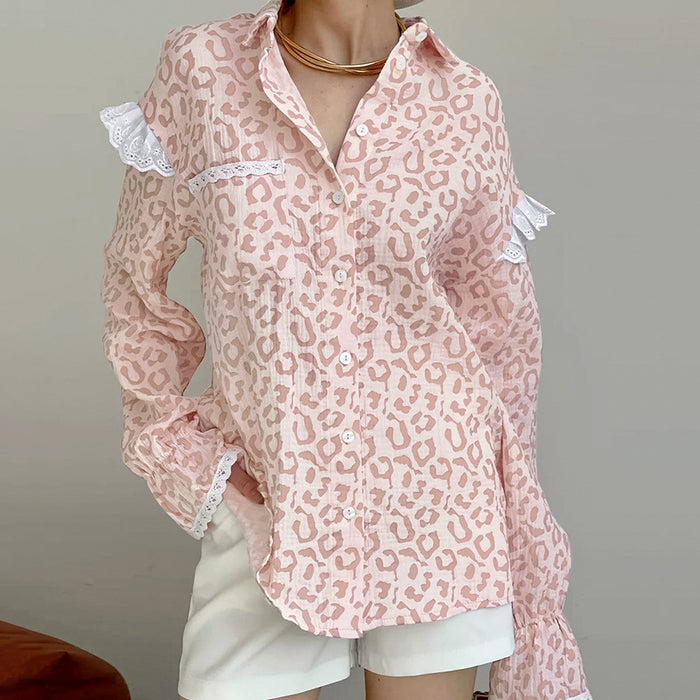 Fall Cotton Linen Casual Niche Elegant Pink Leopard Print Long Sleeved Shirt Loose Women-Fancey Boutique