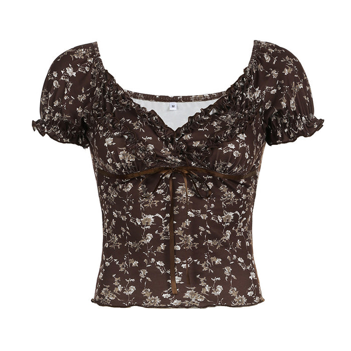 French Socialite Vintage Floral Printed V neck Puff Sleeve T shirt Mature Elegant Fitted Waist Bowknot Lace up Top-Brown-Fancey Boutique